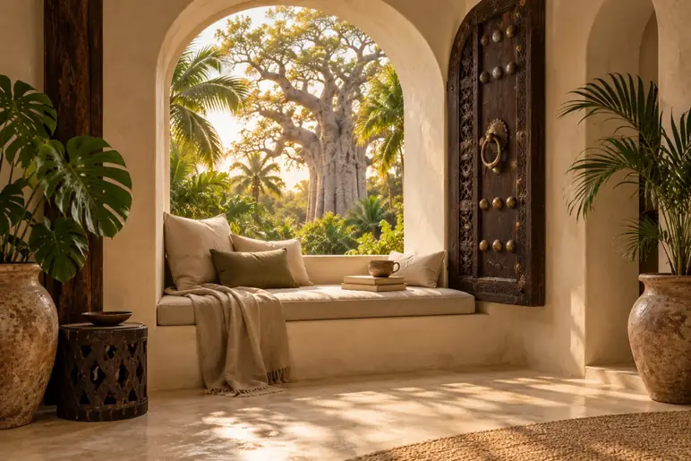 Linen window seat and books