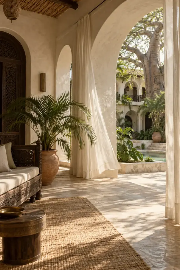 Shaded veranda with linen curtains