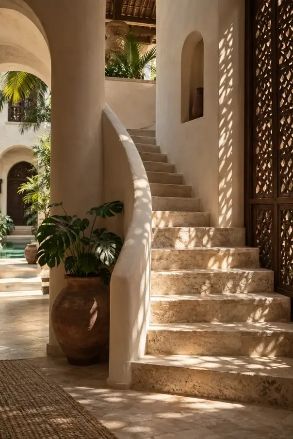 Curving limestone staircase