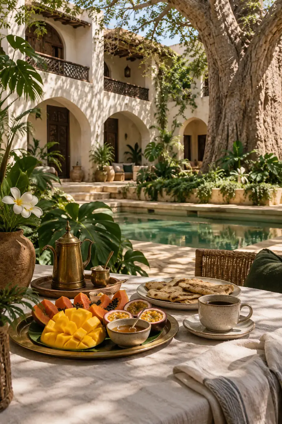 Garden breakfast with mango, chapati and coffee