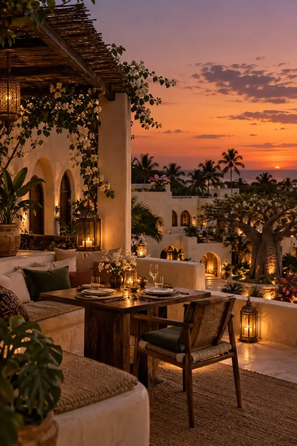 Rooftop terrace with lanterns at dusk
