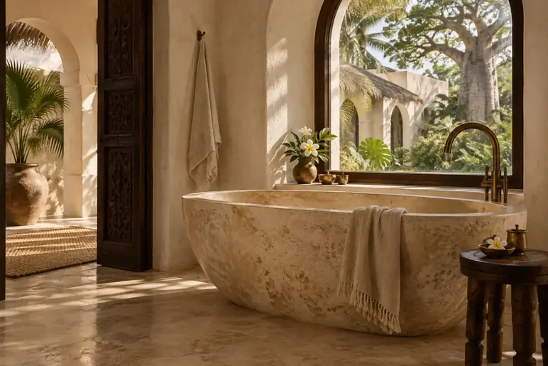Stone bath beside an arched window